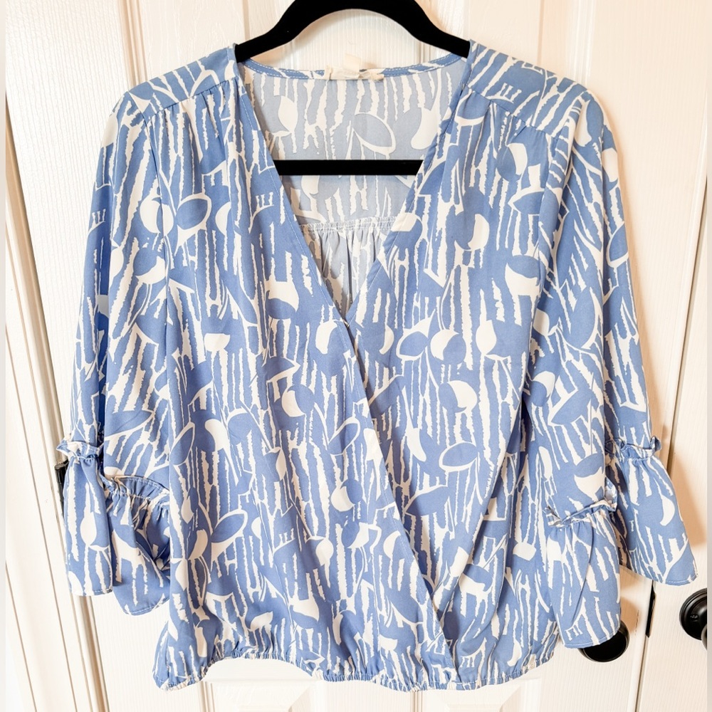 Blue and White Women's Top Bell Sleeves